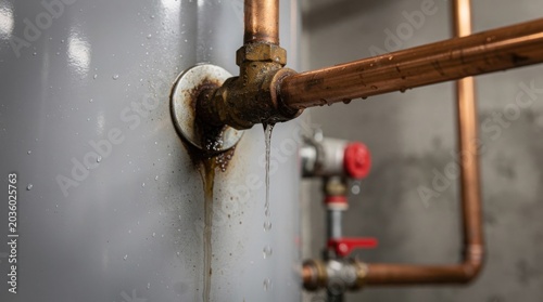 A rusty, corroded copper pipe fitting on a grey water heater is leaking. Water droplets drip from the damaged joint, staining the tank and indicating a need for plumbing repair.