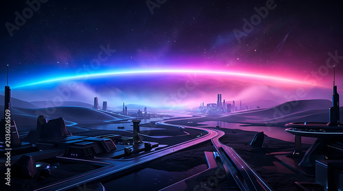 Futuristic city skyline at night with vibrant neon aurora lights over urban landscape