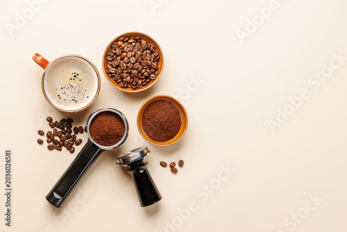 Slika na platnu Espresso coffee setup with beans tamper and portafilter top view