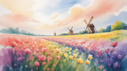 Keuken achterwand Oranje Illustration of a beautiful rural landscape with windmills  © PAVEL