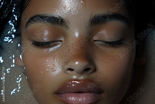 Close-up of a woman's face with her eyes closed, showcasing her radiant skin and subtle freckles, evoking a sense of peace and tranquility.