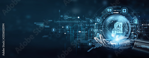 Slika na platnu Robot hand safely hold DATA PRIVACY protocols to safeguard global user information