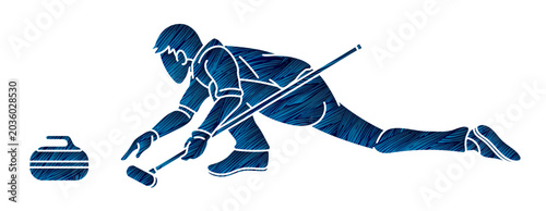 Curling Sport Male Player Action Cartoon Silhouette Graphic Vector