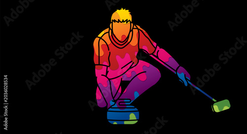 Curling Sport Male Player Action Cartoon Graphic Vector