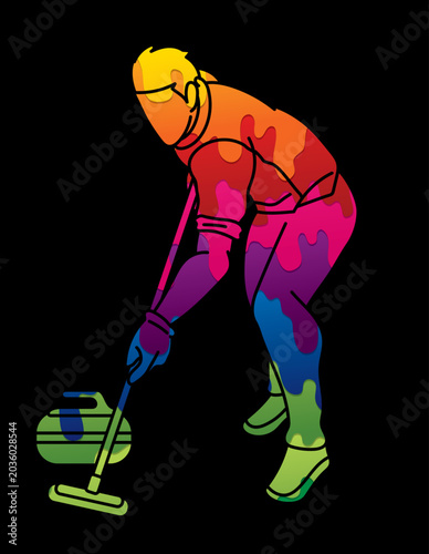 Curling Sport Male Player Action Cartoon Colorful Graphic Vector