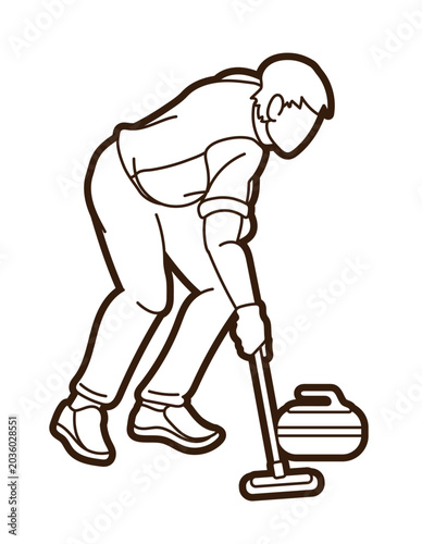Curling Sport Male Player Action Cartoon Outline Graphic Vector