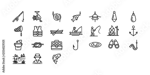 Photos Icon set collection of fishing gear and lakeside recreation featuring rods, lures, boats, hooks, buckets, and camping equipment graphics