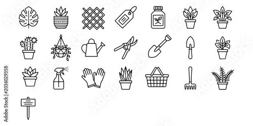 Vászonkép Icon set collection of indoor houseplant care essentials including potted plants, spray bottles, pruners, soil trowels, and gardening gloves