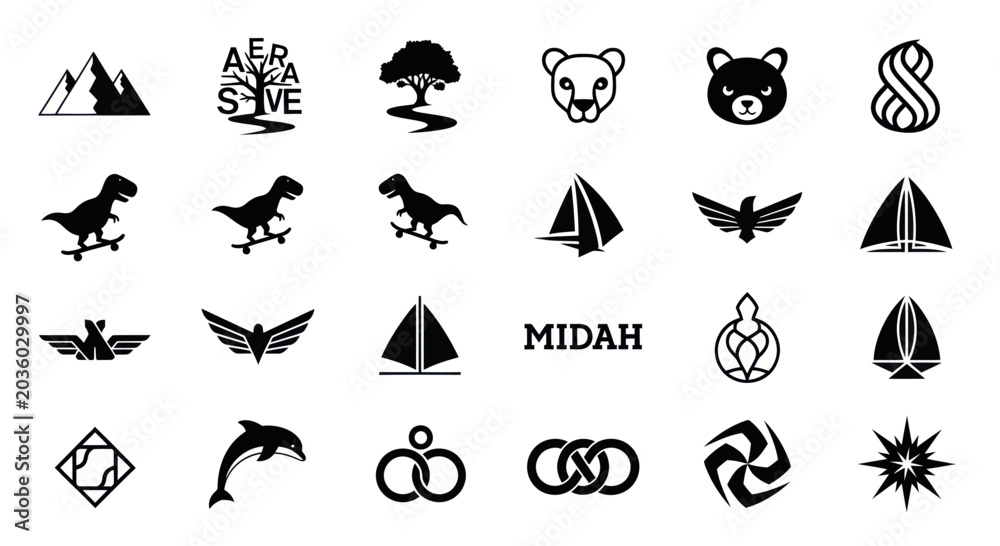 Obraz premium Diverse Vector Icons Collection: Animals, Nature, Objects, Shapes, Symbols