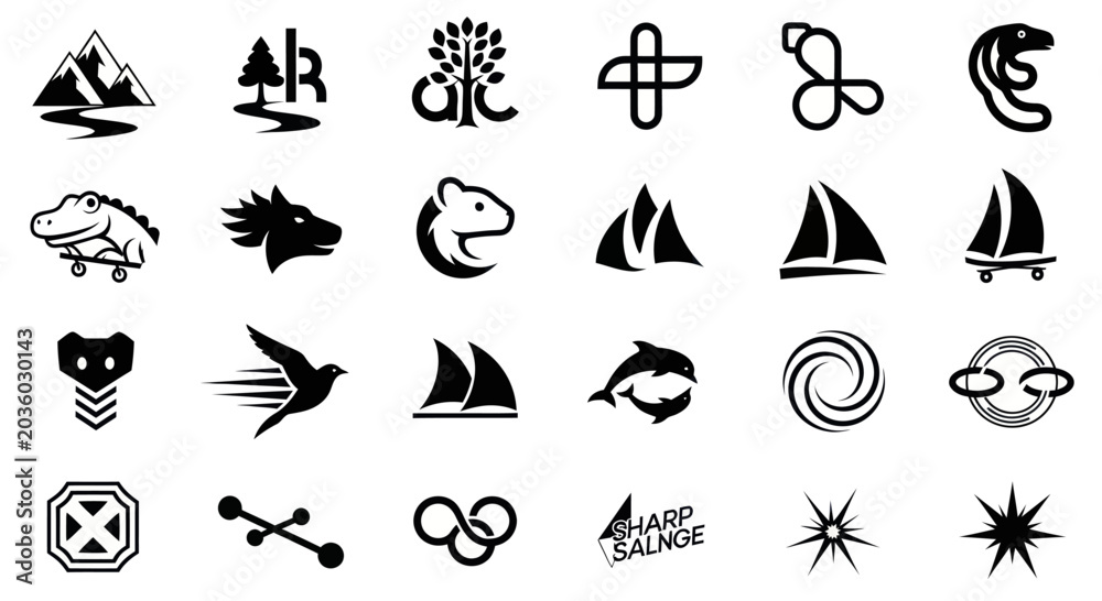 Naklejka premium Diverse Vector Icons Collection: Symbols, Animals, Nature, Abstract Designs