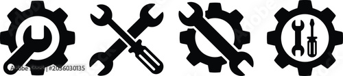 Tableau sur toile Mechanical industrial repair tools icon set featuring gears and wrenches, indust