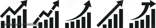 Foto Set of five business growth rising bar charts and trend graphs with business, an