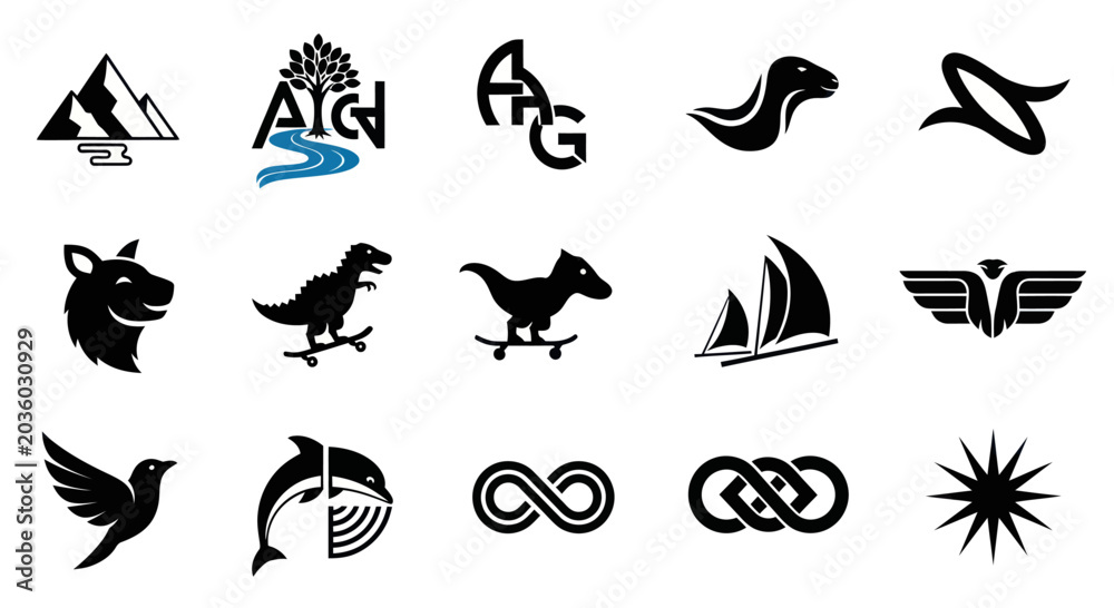 Fototapeta premium Modern Vector Logo Icons Collection: Mountains, Nature, Animals, Dinosaurs, Infinity