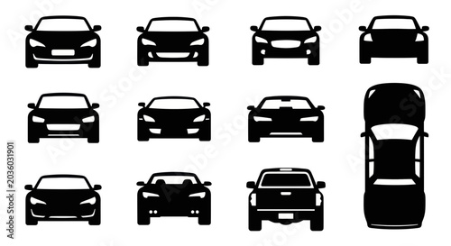 Car Icons Set: Front, Back, Top View Silhouettes of Various Vehicles