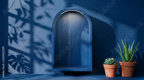 Moody dark blue product display scene featuring a minimalist arched podium, creating a mysterious, quiet, and atmospheric backdrop for luxury branding.