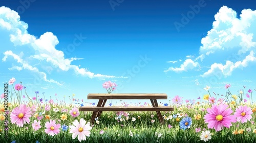 Peaceful Picnic Table Surrounded by Colorful Wildflowers under a Bright Blue Sky with Fluffy Clouds