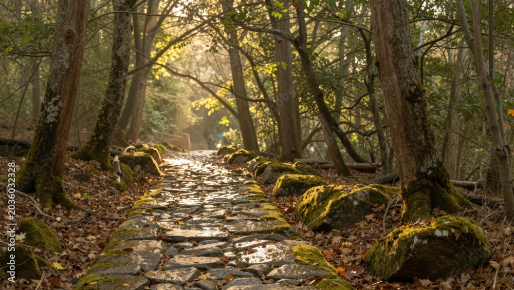 Fototapeta premium Moss covered stone path through dense wooded forest at dawn