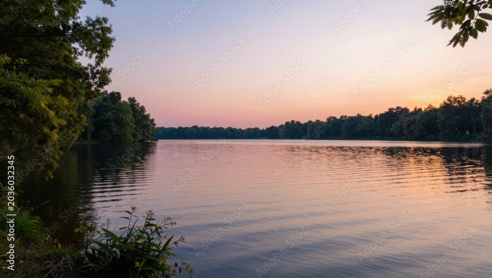 Obraz premium Calm lake reflecting pastel sky at sunset with treeline