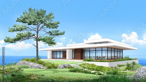 Modern Coastal House Surrounded by Lush Greenery Against a Bright Blue Sky