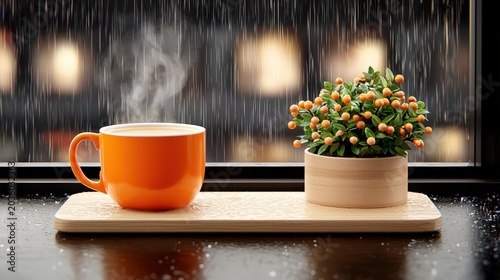 Cozy Morning Scene with Steaming Coffee Cup and Decorative Plant Near Rainy Window