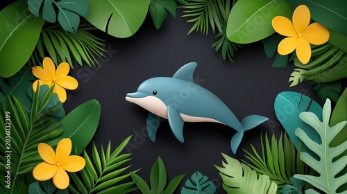 Colorful Dolphin Surrounded by Tropical Foliage and Bright Flowers in a Nature-Inspired Design