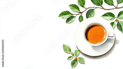 Stylish flat lay of a freshly brewed coffee cup surrounded by vibrant green leaves on a white background