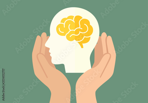 Bild auf Leinwand Manos protegiendo una silueta de cabeza humana con un cerebro amarillo
