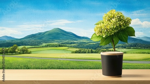 Beautiful Hydrangea Plant on Table with Scenic Green Landscape and Blue Sky Background