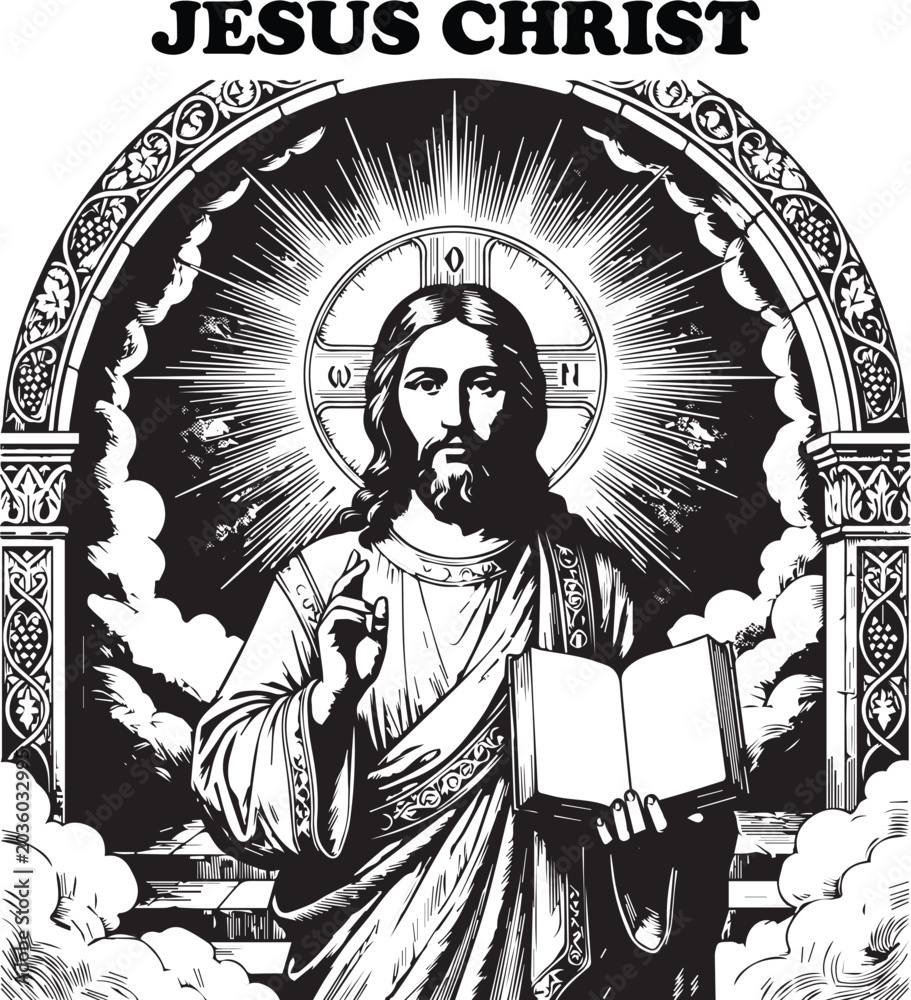 Fototapeta premium Jesus Christ vector with halo archway blessing book religious awareness cultural decorative design