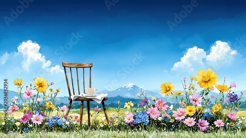 Tranquil Chair Amidst Vibrant Flowers Under Bright Blue Sky with Scenic Mountain Background