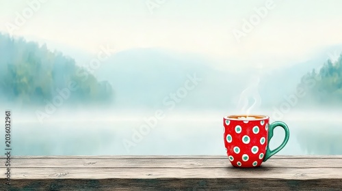 Warm Cup of Coffee on Wooden Table with Misty Lake and Mountain Background in Serene Nature Setting