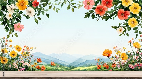 Colorful Floral Background with Wooden Table and Scenic Mountain View in Bright Spring Atmosphere