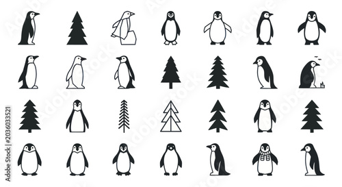 Schilderij op canvas Penguin and Pine Tree Icon Set