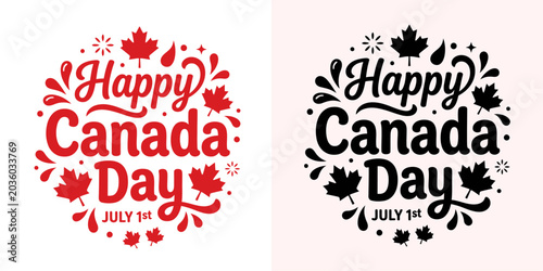 Quadro su tela Happy Canada Day July 1st Typography Badge with Maple Leaves and Splash Elements