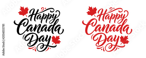 Tableau sur toile Happy Canada Day Script Typography Lettering with Red Maple Leaves Vector