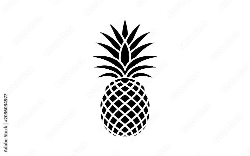 Obraz premium Simple black silhouette of a whole pineapple fruit with spiky crown leaves isolated on a plain white surface