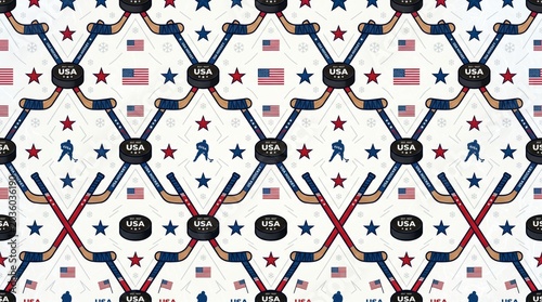 Ice hockey sticks and pucks usa pattern with stars in red white blue colors on a clean white background hockey stick