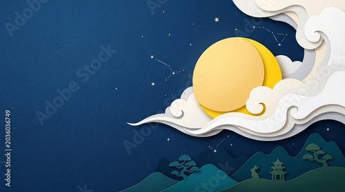 Minimal Paper Cut Moon and Clouds Night Sky Background