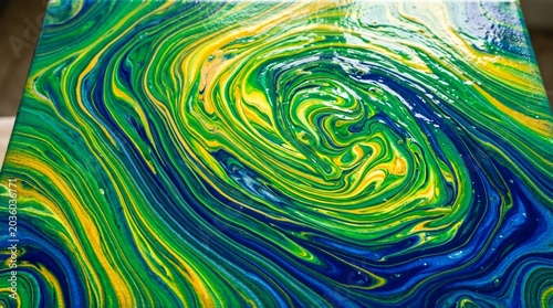 Abstract Green and Yellow Fluid Acrylic Paint Swirl Background