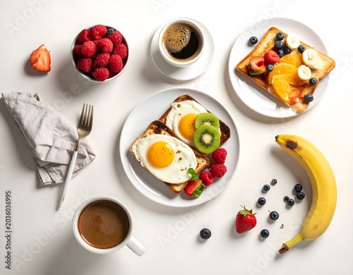 Healthy breakfast table with fried eggs, toast, fresh berries and coffee flat lay.
