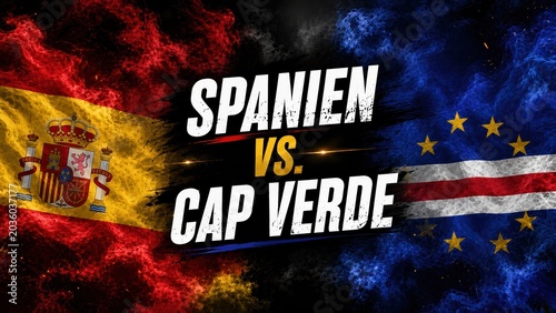 Spain versus Cape Verde soccer match graphic featuring national flags and dynamic background.