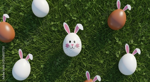 Easter eggs with bunny ears on grass.