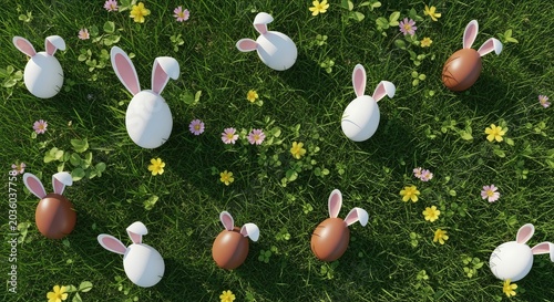 Easter eggs with bunny ears on grass.