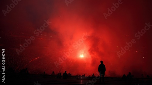 A silhouetted crowd in the lower tier of a stadium watches as red flare smoke creates a dramatic atmosphere.