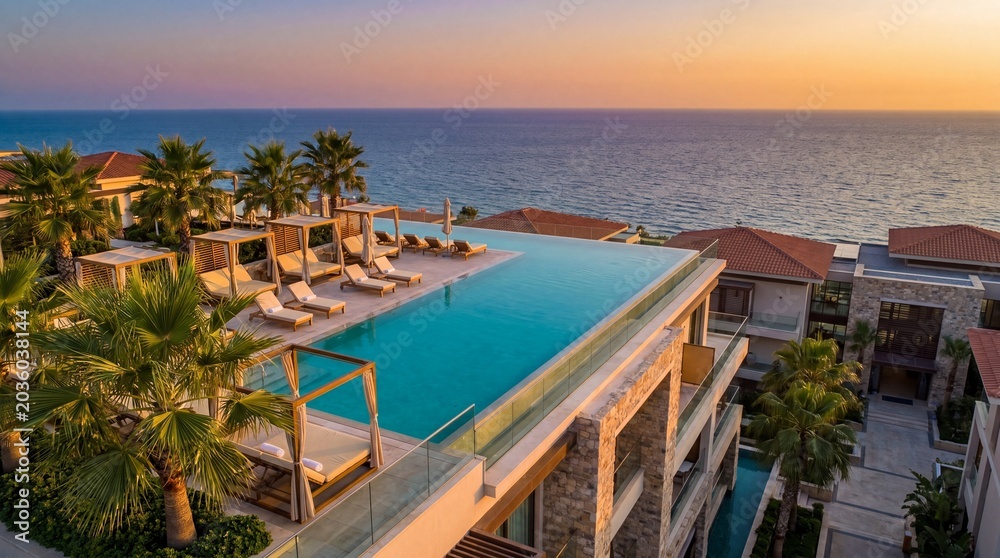 Fototapeta premium Stunning sunset over luxurious resort with infinity pool overlooking ocean on tropical vacation.