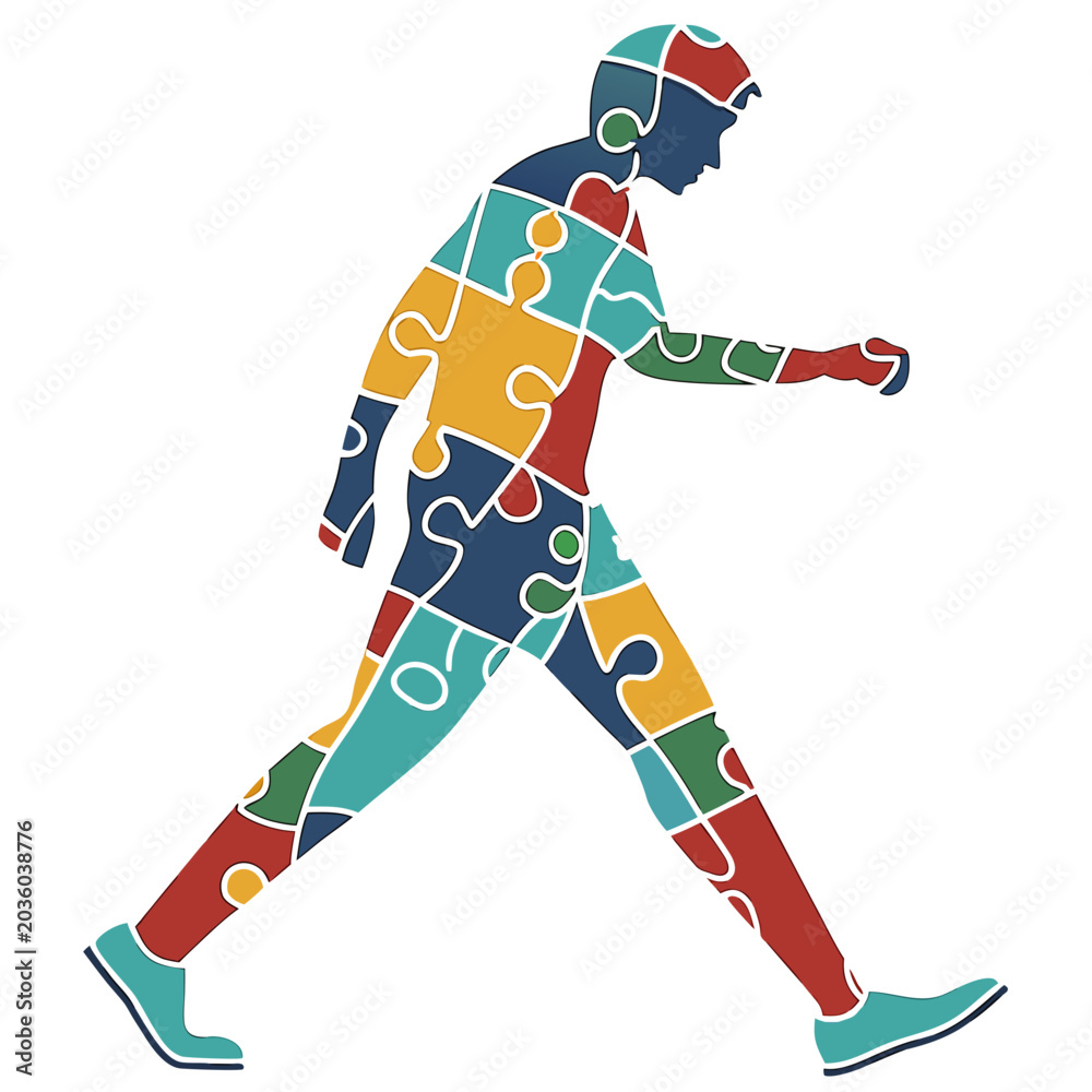 Fototapeta premium Walking man made of puzzle pieces concept image.