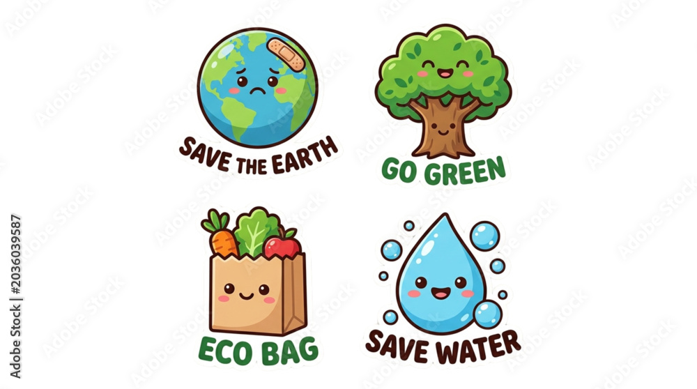 Fototapeta premium Cute Eco Friendly Icons Set with Earth Tree Paper Bag and Water Drop for Environmental Awareness and Sustainable Living Projects