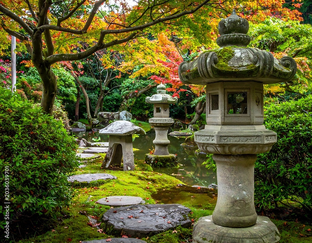 Fototapeta premium Japanese garden stone lanterns mossy pathway.