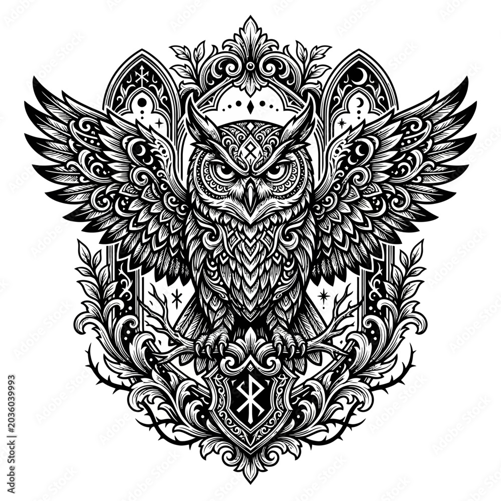 Obraz premium Detailed owl with ornate tattoo design.