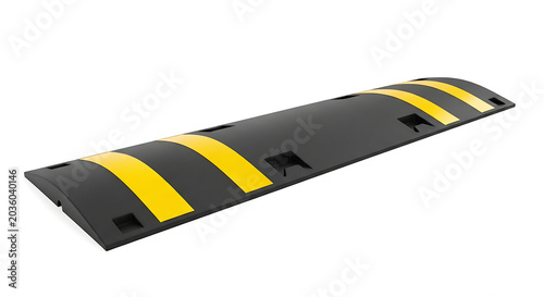 Black and yellow speed bump isolated on white background, traffic safety solution